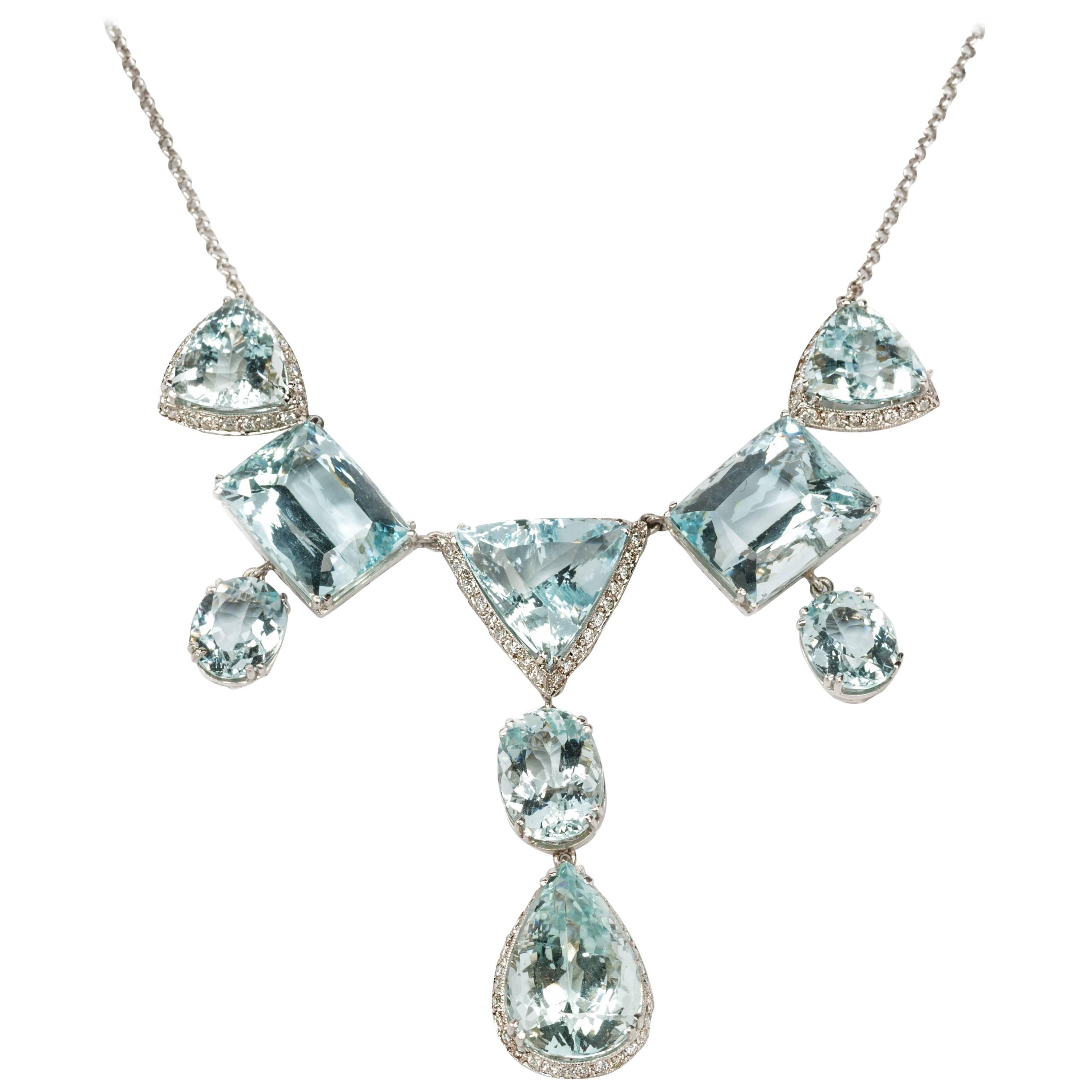 Aquamarine Diamonds 18 Carat Gold Necklace For Sale