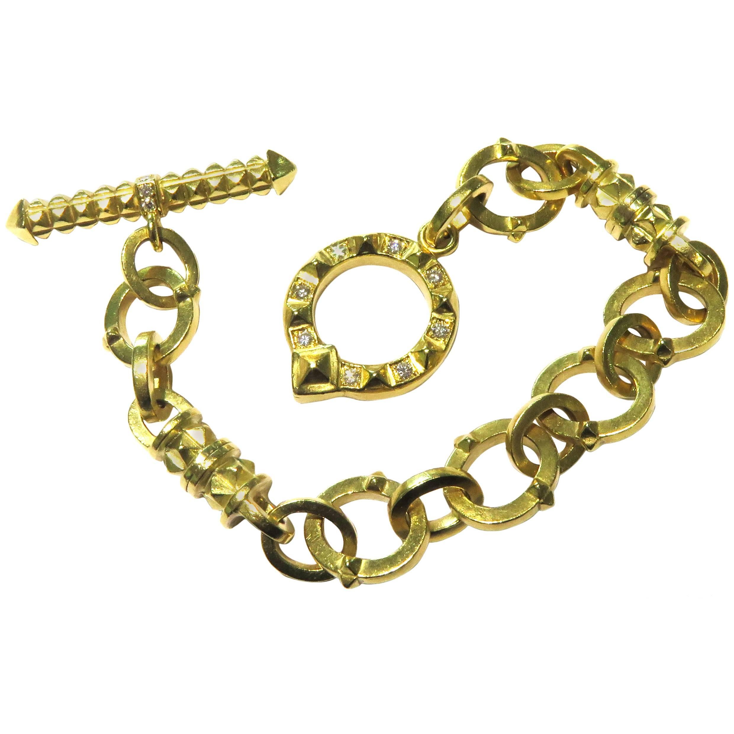 Exceptional Heavy Diamond Gold Solid Links Toggle Bracelet