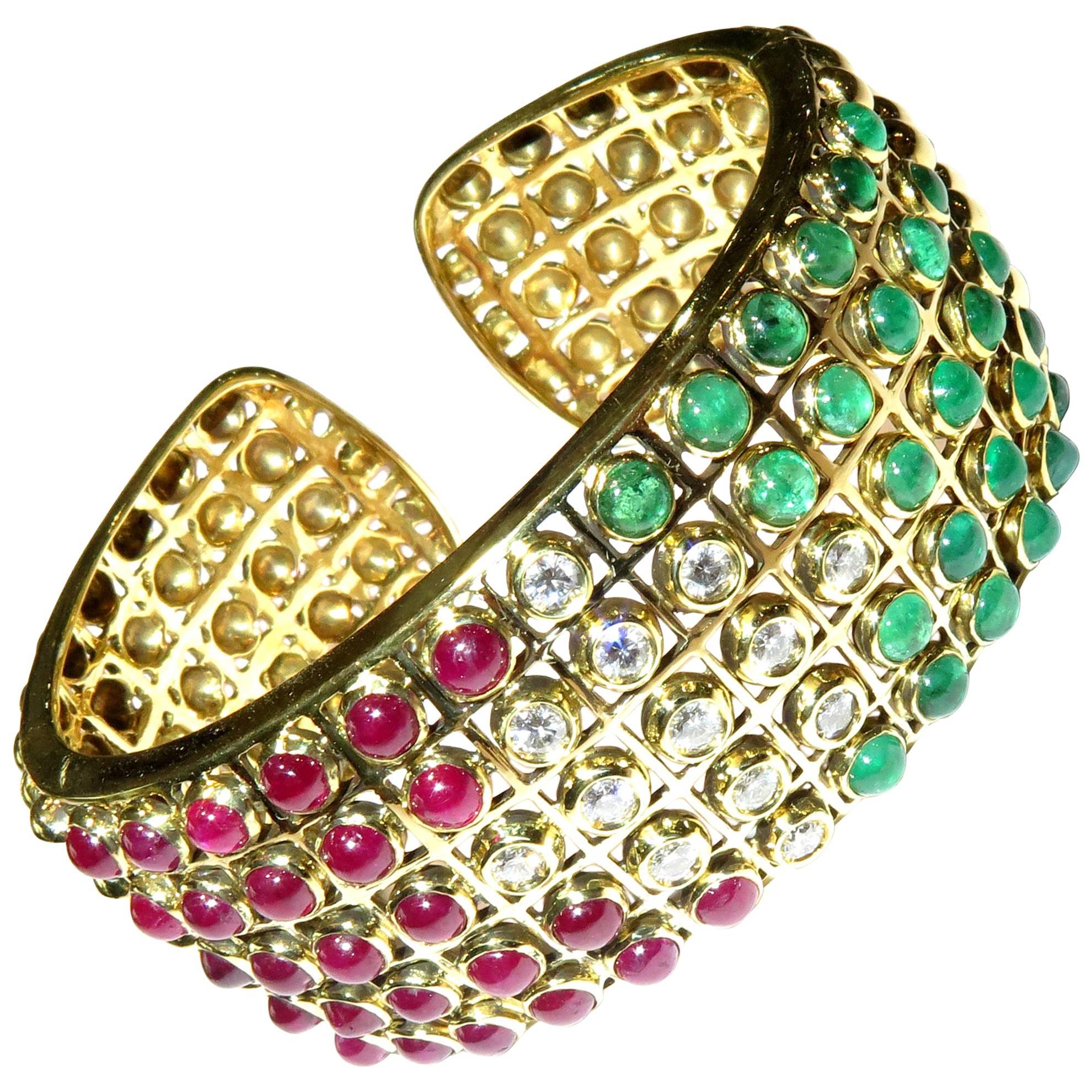 Stunning Bezel Set Ruby Emerald Diamond Gold Hinged Cuff Bracelet