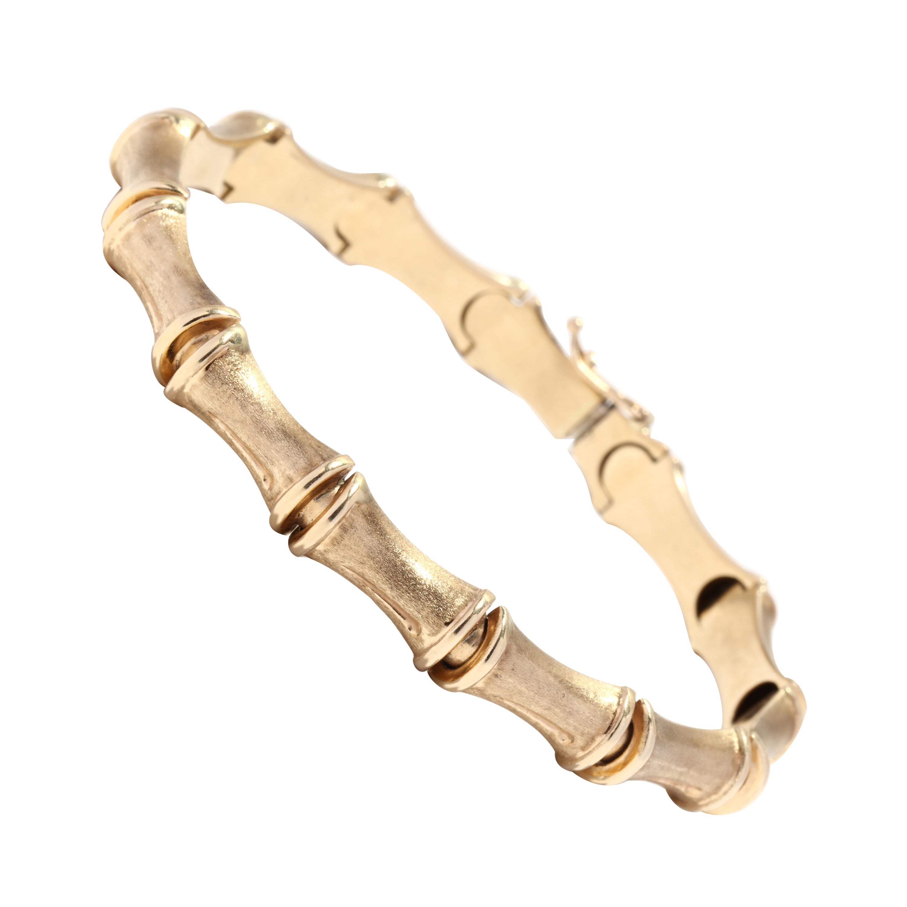 Italian Bamboo Link Bracelet, 14K Gold, Box Clasp, Matte Textured Gold Bamboo