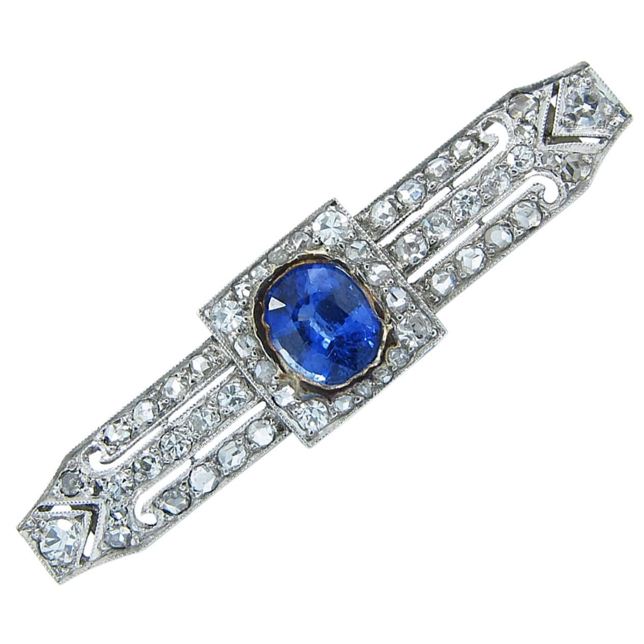 Art Deco Ceylon Sapphire Diamond Platinum Brooch For Sale