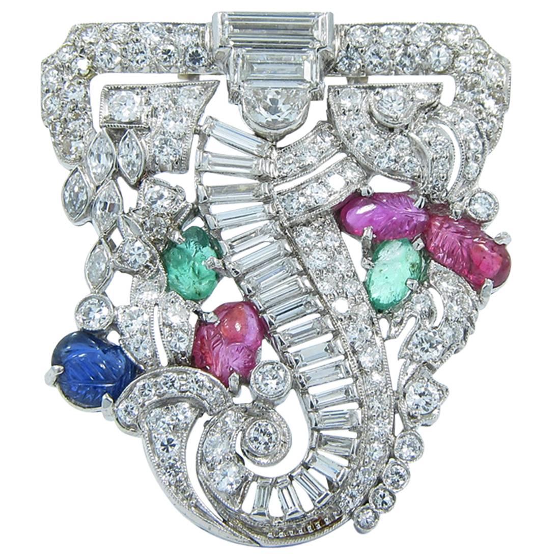 Art Deco Ruby Emerald Sapphire Diamond Platinum Brooch For Sale