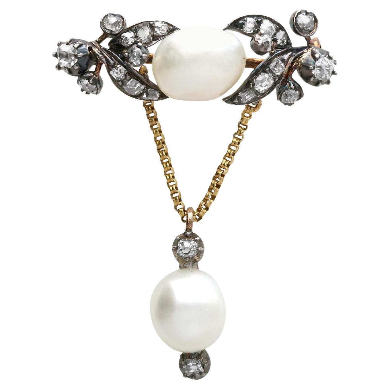 Natural Pearl and Diamond Yellow Gold and Silver Set Brooch For Sale