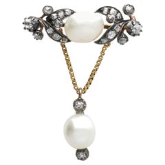 Antique Natural Pearl and Diamond Yellow Gold and Silver Set Brooch