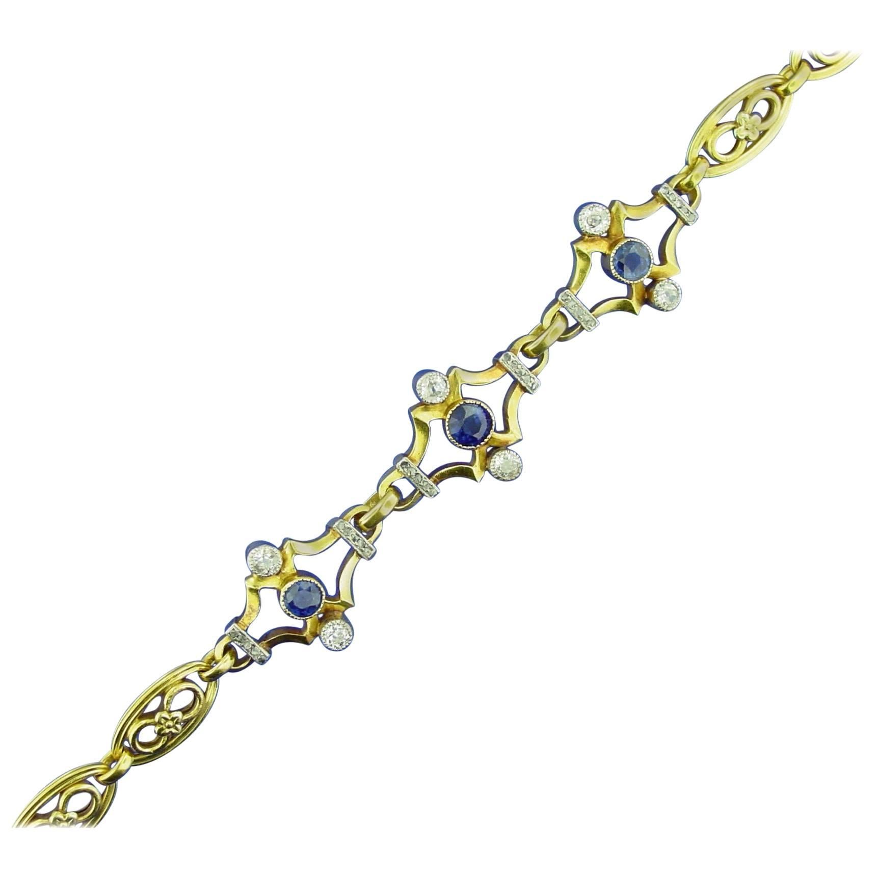 French Art Nouveau Sapphire Diamond Gold Bracelet For Sale