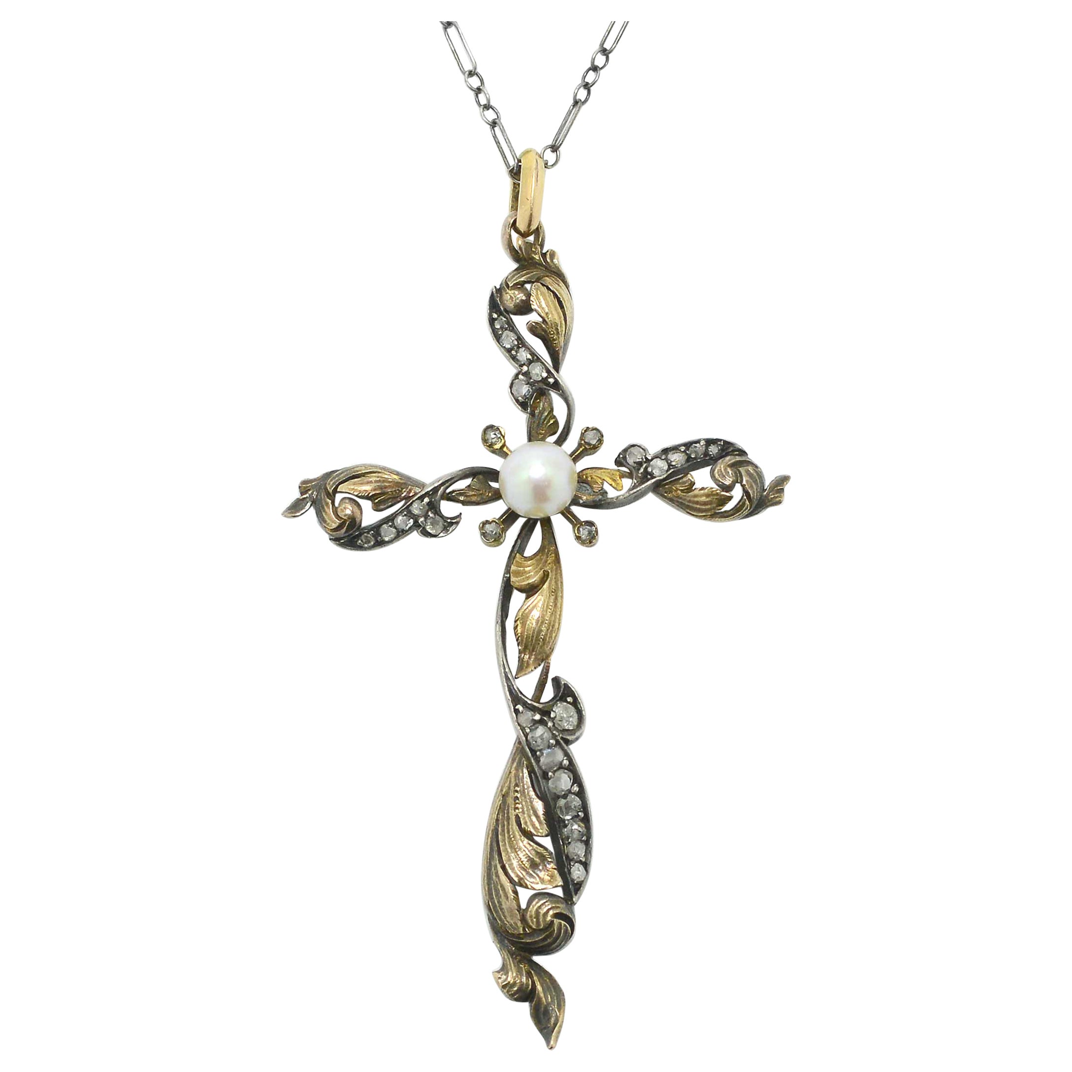 Alphonse Mucha Era Art Nouveau Diamond Pearl Cross Necklace