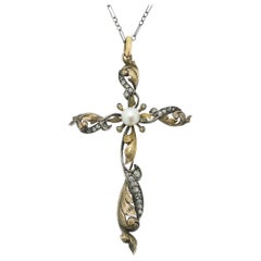 Antique Alphonse Mucha Era Art Nouveau Diamond Pearl Cross Necklace