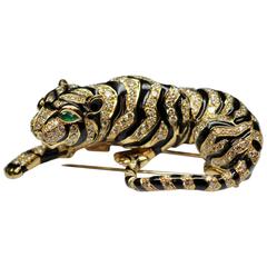 David Webb Black Enamel Emerald Diamond Gold Striped Tiger Brooch 3