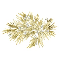 Grande broche vintage en forme de branche en or 14 carats à griffes rondes et diamants, faite à la main, avec fil de fer
