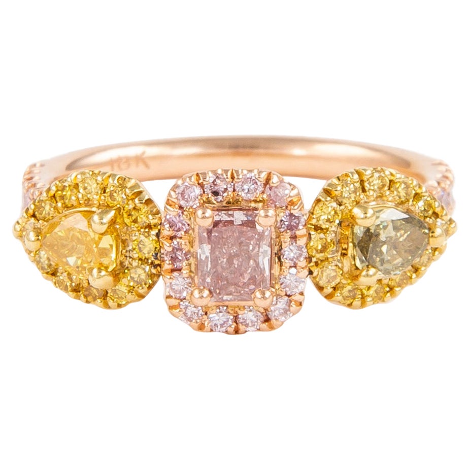 Alexander GIA Certified 1.08ctt Fancy Purplish Pink Diamond Three Stone Ring 18k