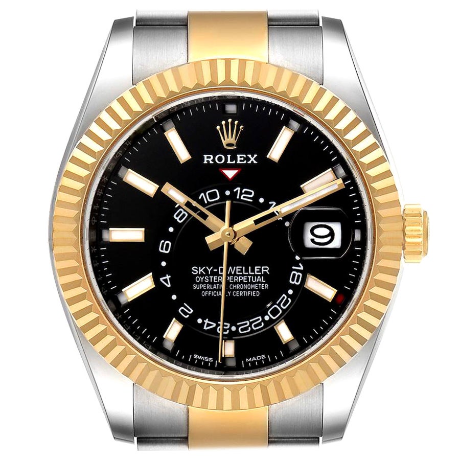 Rolex Sky Dweller Yellow Gold Steel Black Dial Mens Watch 326933 Box Card