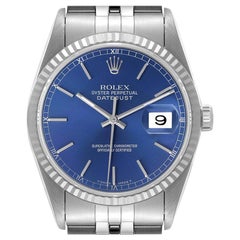 Rolex Datejust Blue Dial Fluted Bezel Steel White Gold Watch 16234 Box Papers