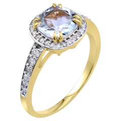 1.3 Carat Cushion Aquamarine Halo Solitaire Diamond Ring in 14K Yellow Gold