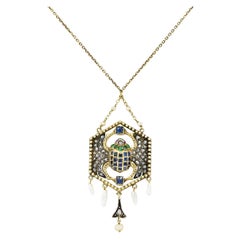 Antique Victorian Egyptian Revival Sapphire Emerald Diamond 18 Karat Necklace
