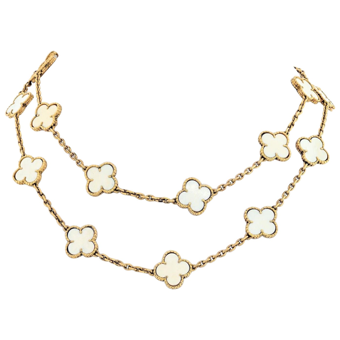 Van Cleef & Arpels 18K Gold Vintage White Coral 20 Motif Alhambra Chain Necklace For Sale