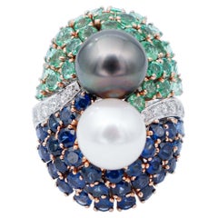 Retro White and Grey Pearl, Emeralds, Sapphires, Diamonds, 14 Karat White Gold Ring