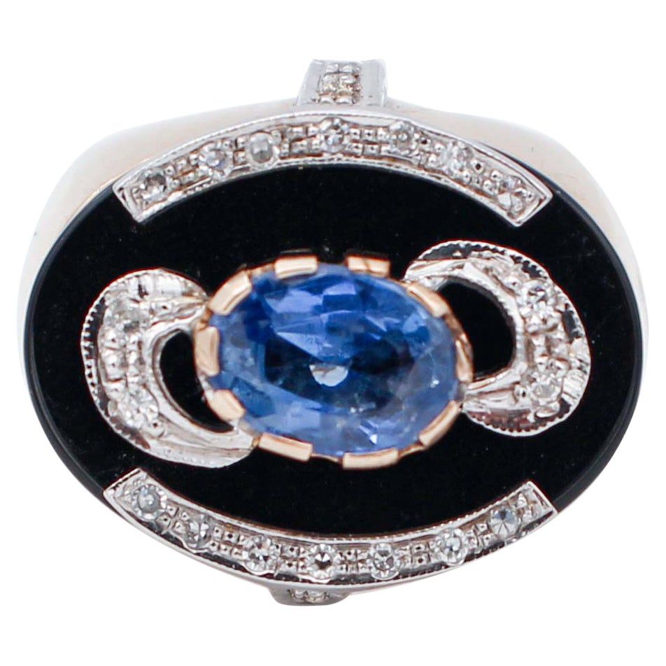 Sapphire, Onyx, Diamonds, 14 Karat Rose and White Gold Retrò Ring For Sale