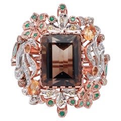 Topaz Fumé, Emeralds, Yellow Topazs, Diamonds, 9 Kt Rose Gold and Silver Ring