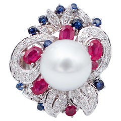 South-Sea Pearl, Rubies, Sapphires, Diamonds, 14 Karat White Gold Ring