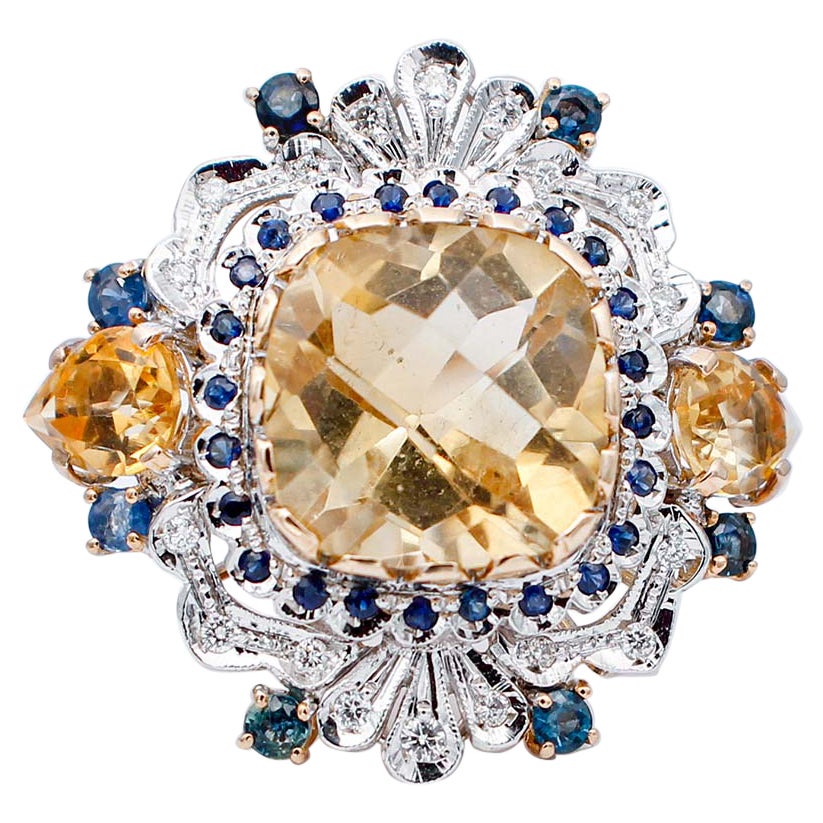 Yellow Topazs, Sapphires, Diamonds, 14 Karat Rose and White Gold Retrò Ring For Sale