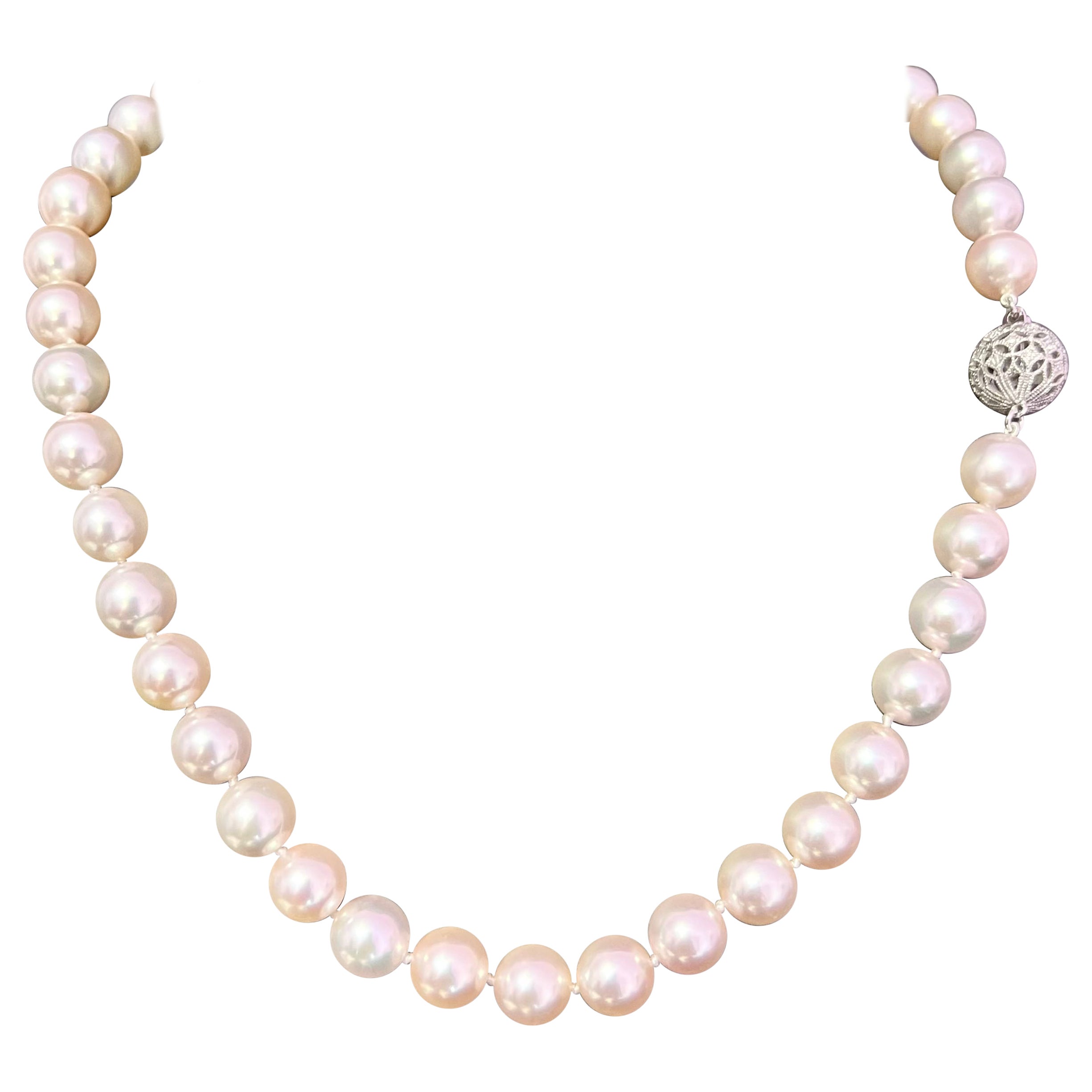Diamond Akoya Pearl Necklace 14k Gold 9.5 mm Certified For Sale at