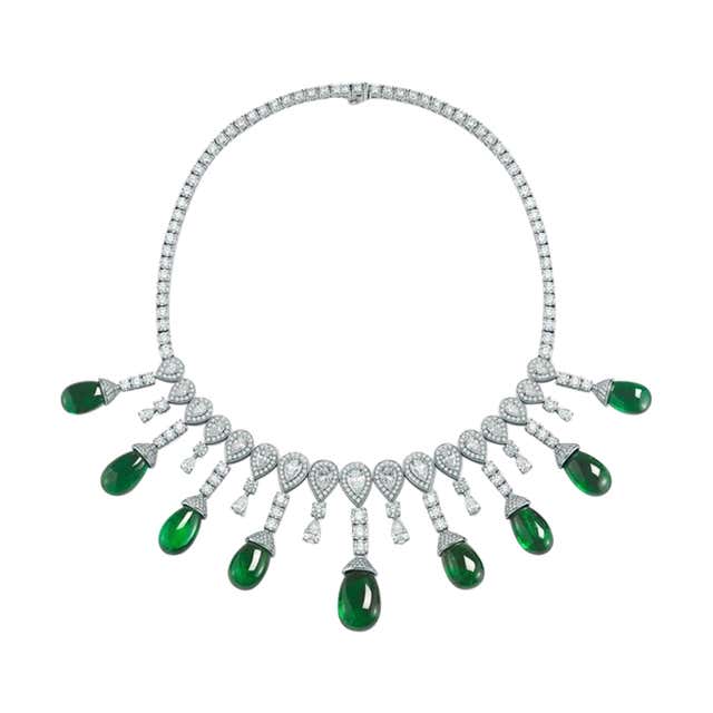 Diamond and Emerald Drop Necklace For Sale at 1stDibs
