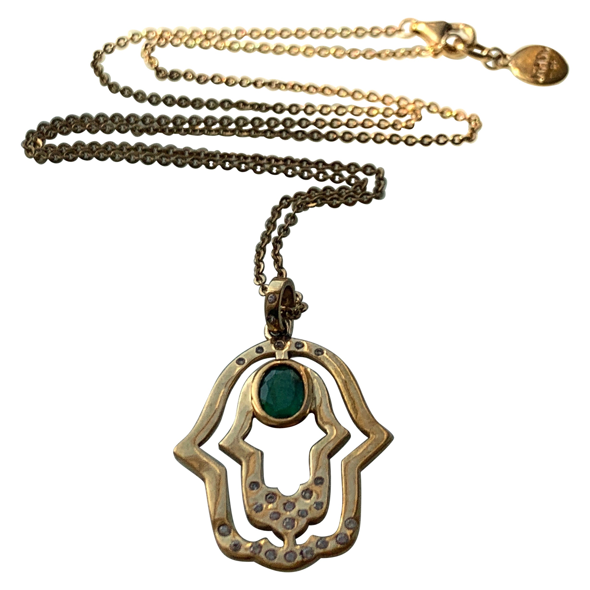 JAHDO 9ct Gold 18" Necklace Hamsa Hand with Emeralds & Sapphires For Sale