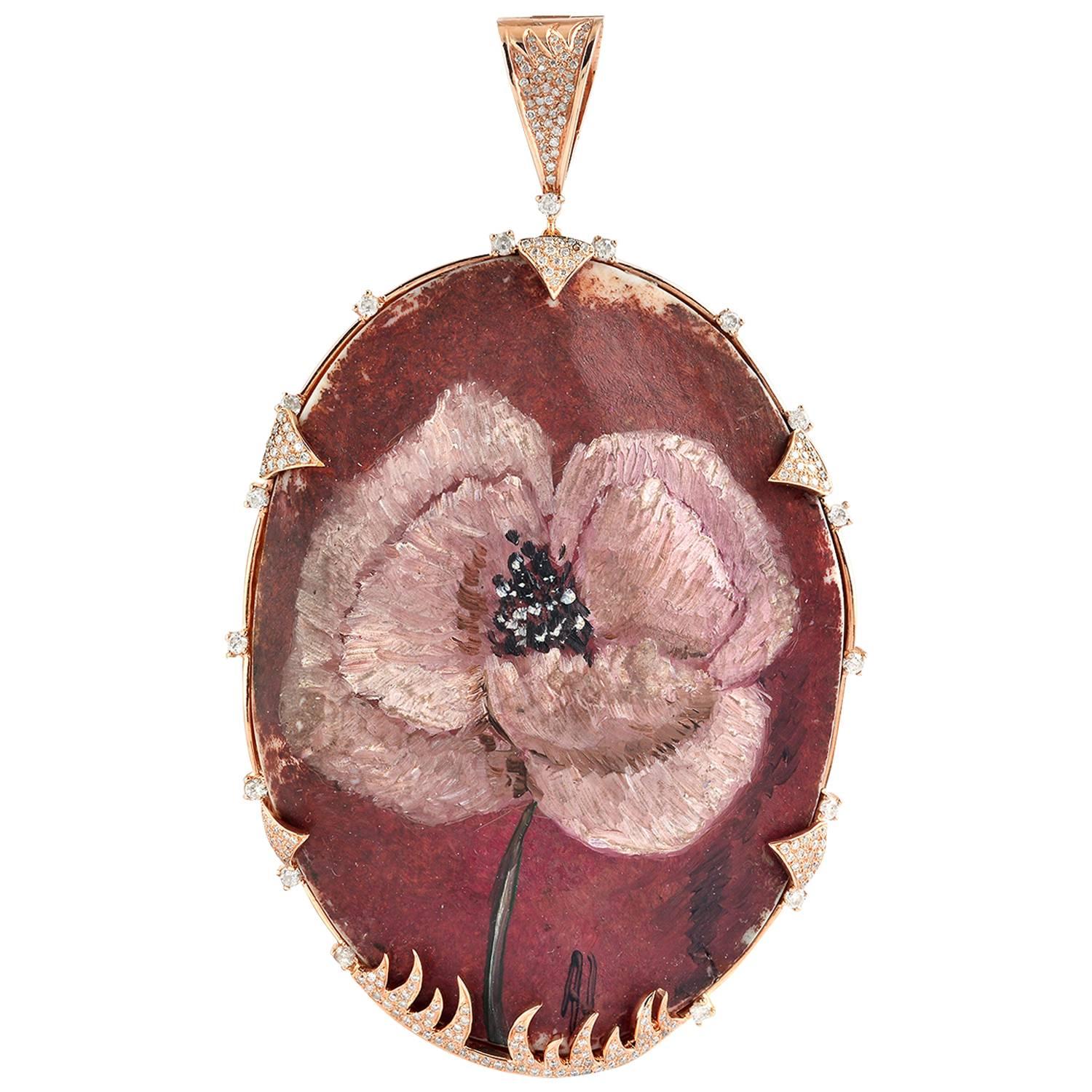 Hand Painted Shell Cameo Diamond Gold Pendant 