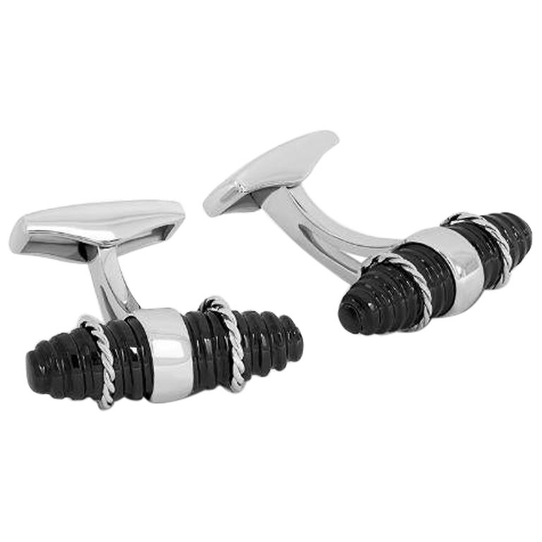 Royal Cable Bullet Cufflinks with Black Spinel in Sterling Silver