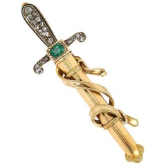 Victorian 18ct Gold Emerald, Diamond and Black Enamel Sword Brooch