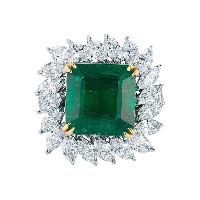 Emerald Ring With Marquise Diamond Halo For Sale