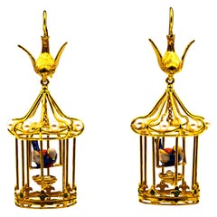 Art Nouveau Style White Diamond Pearl Yellow Gold "Birdcage" Earrings