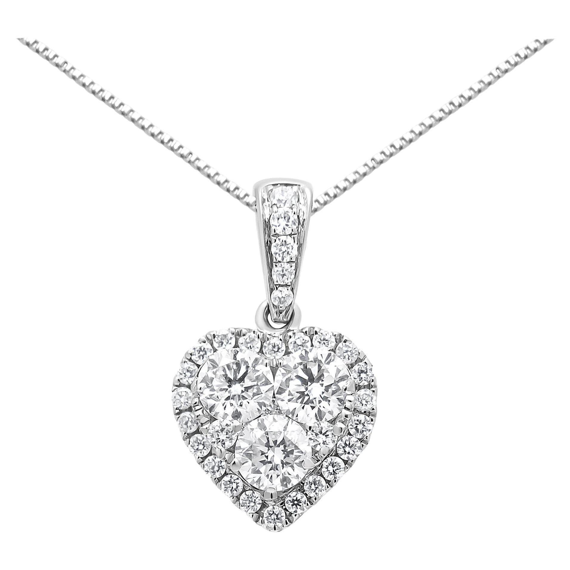 18K White Gold 5/8 Carat Round Diamond Halo Heart Cluster Pendant Necklace