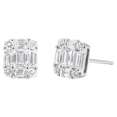 18K White Gold 3/4 Ct Emerald-Cut Composite Diamond Mosaic Cluster Stud Earrings