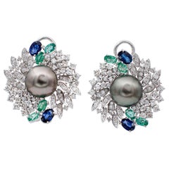 Grey Pearls, Emeralds, Sapphires, Diamonds, 14 Kt White Gold Earrings