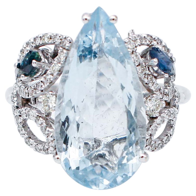 Aquamarine, Sapphires, Diamonds, 14 Karat White Gold Ring