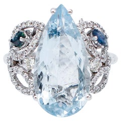 Retro Aquamarine, Sapphires, Diamonds, 14 Karat White Gold Ring