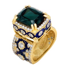 Stambolian Green Tourmaline 18K Yellow Gold Diamond Navy Blue Enamel Ring