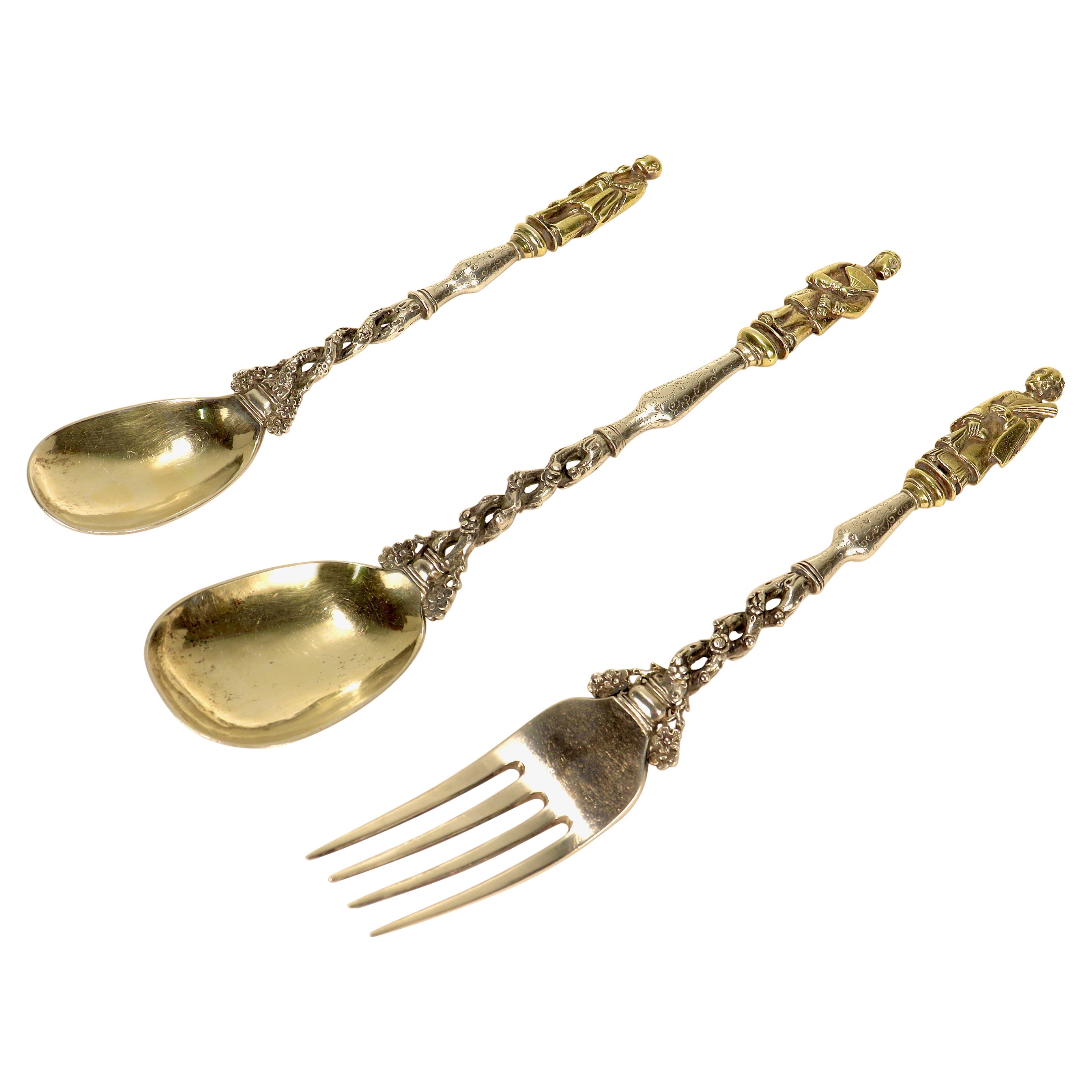 Signed Antique 3 Pc. Sun Shing Chinese Export Silver Spoons & Fork Flatware Set For Sale