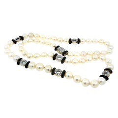 Cultured Pearl Long Necklace with Onyx and Diamond Rondells