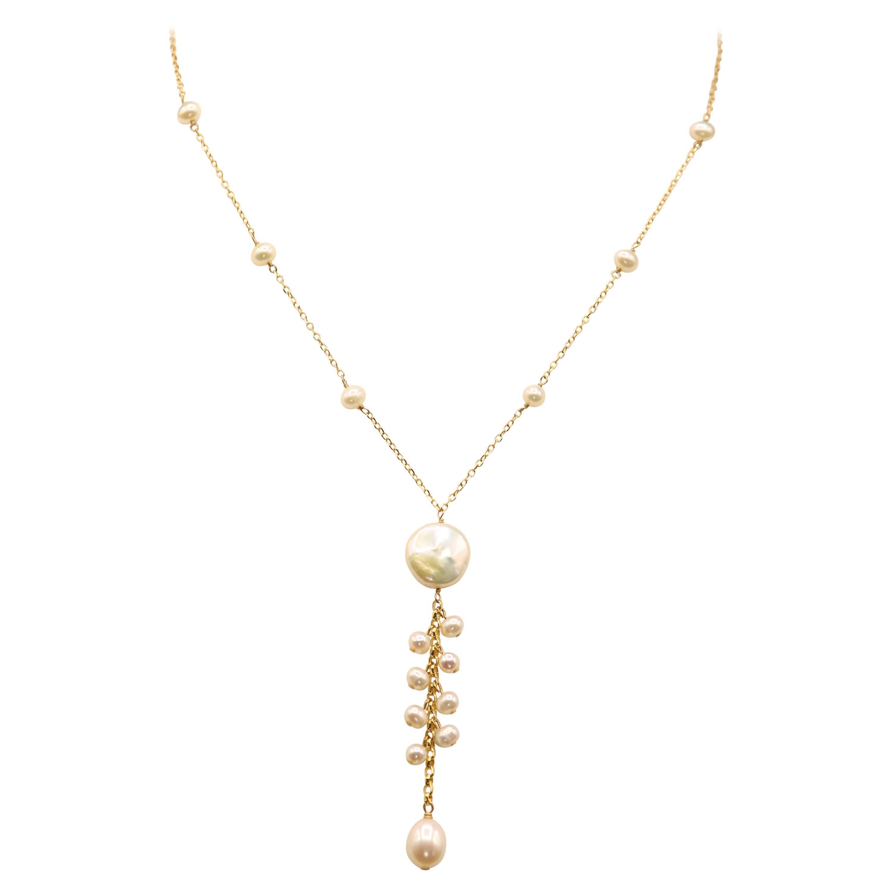 Pearl Chain Necklace 14 Karat Yellow Gold Dangle Pearl Necklace #16 For Sale