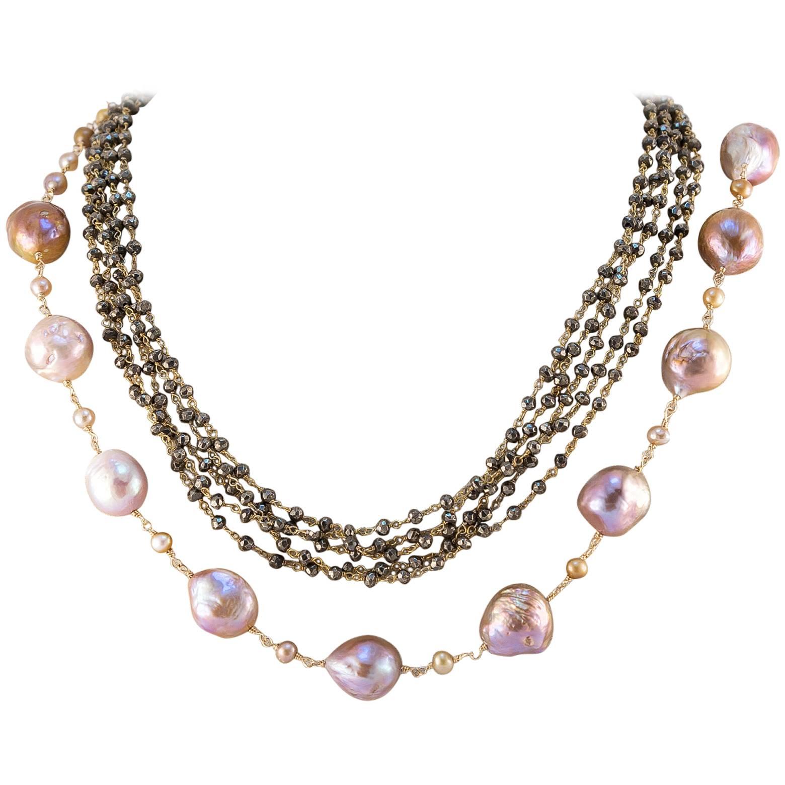 Matinee Length Fresh Water Pearl Necklace with Hematite Beads