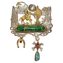 Kit Carson Vintage One-of-a-Kind Hand-Engraved 18k & Sterling Silver Pin