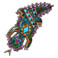 Vintage Multi-Gemstone Inlaid One-of-a-kind Lizard Pin by Benny & Valerie Aldrich