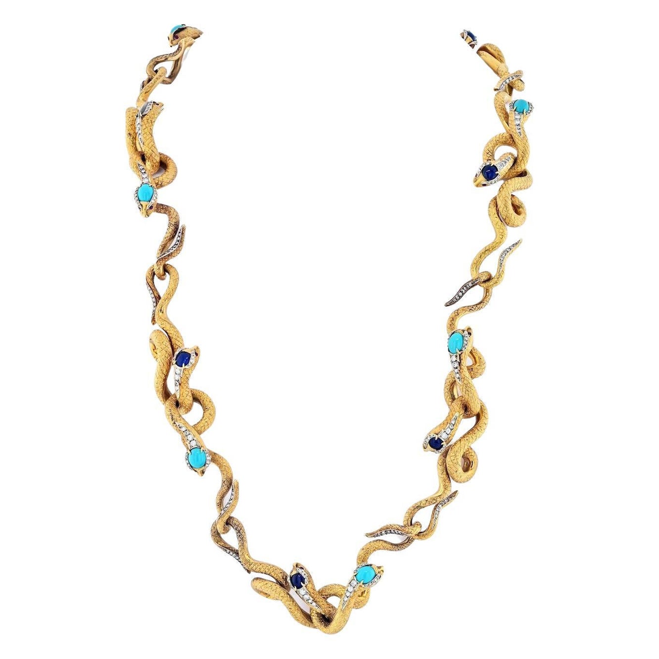 18K Yellow Gold Articulated Snakes with Turquoise, Lapis and Diamond Necklace