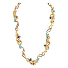 Vintage 18K Yellow Gold Articulated Snakes with Turquoise, Lapis and Diamond Necklace