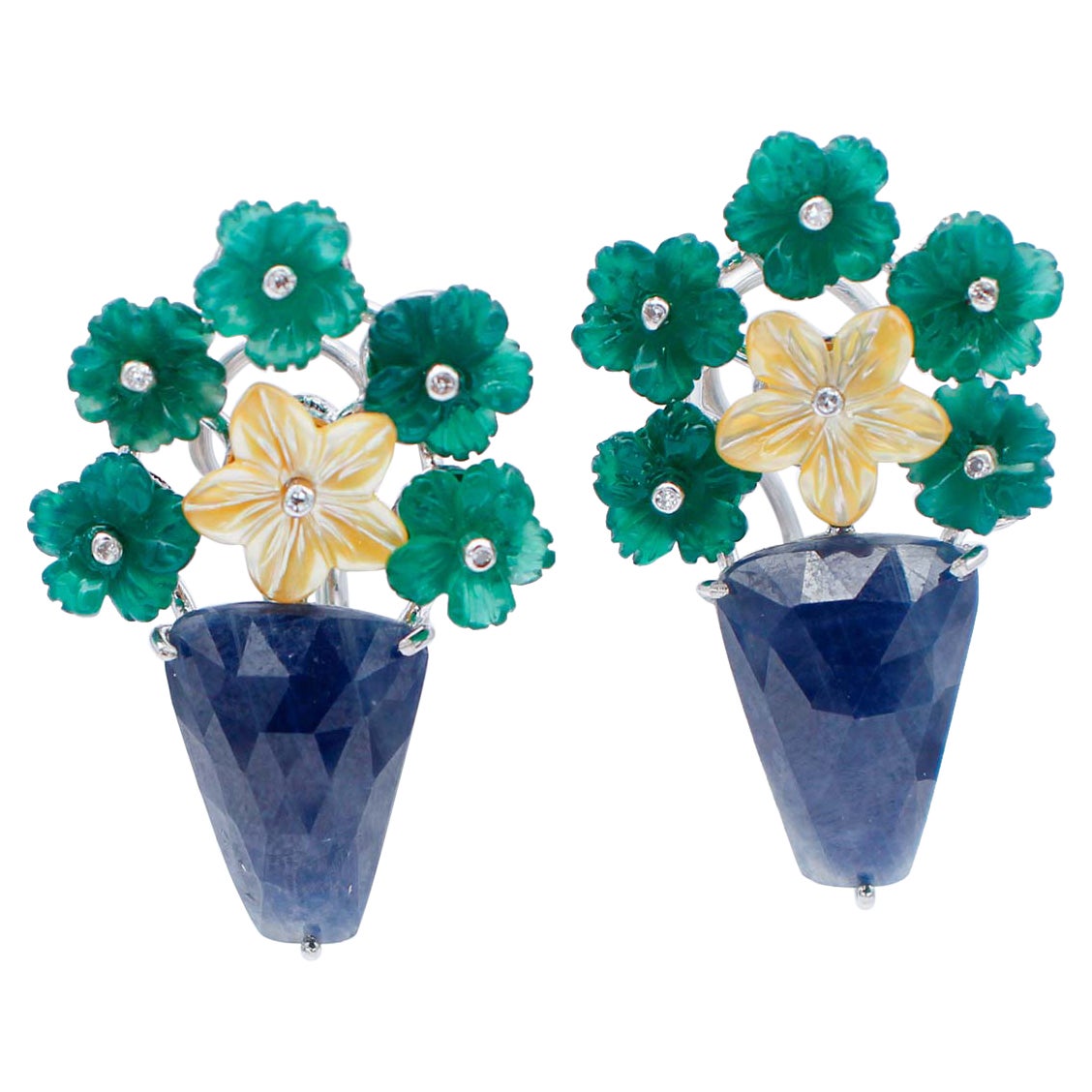 Sapphires, Green Agate, Yellow Stone, Diamonds, Platinum Earrings For Sale