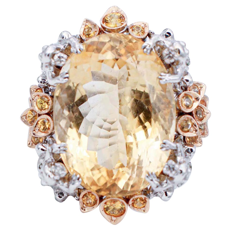 Topaz, Yellow Sapphires, Tsavorite, Diamonds, 14 Kt White and Rose Gold Ring For Sale
