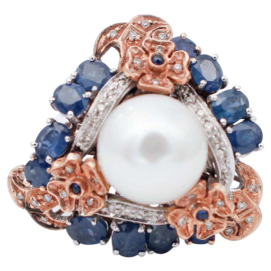 Blue Sapphires, Diamonds, Pearl, 14 Kt Rose and White Gold Ring For Sale