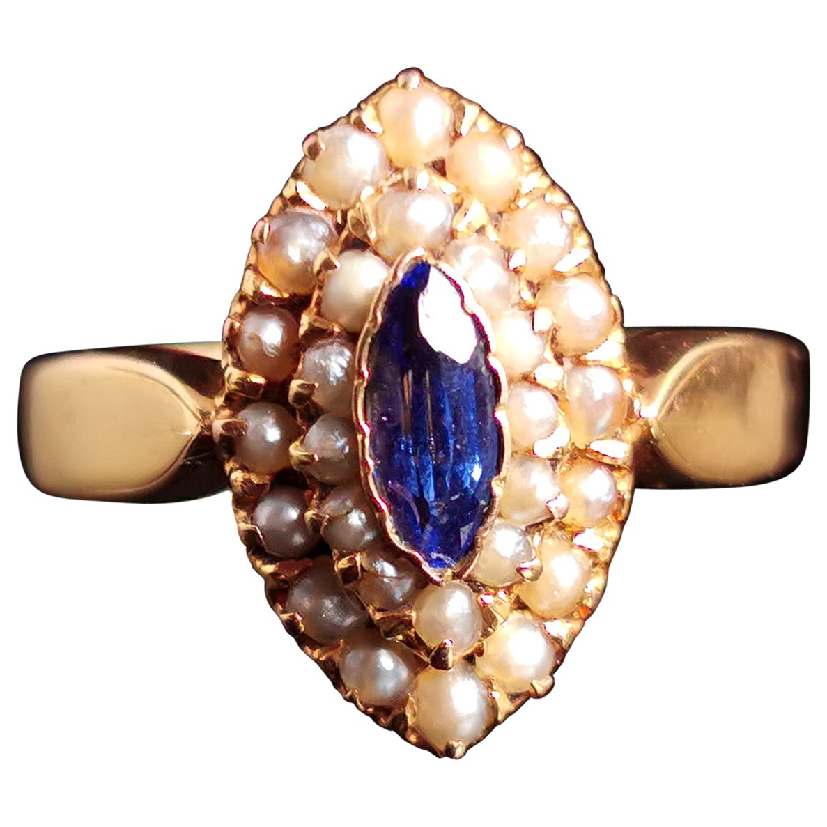 Antique Victorian Paste and Pearl Navette Ring, 9k Yellow Gold